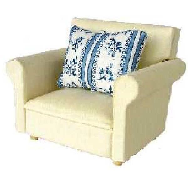 FAUTEUIL TISSUS BLANC+COUSSIN BLEU